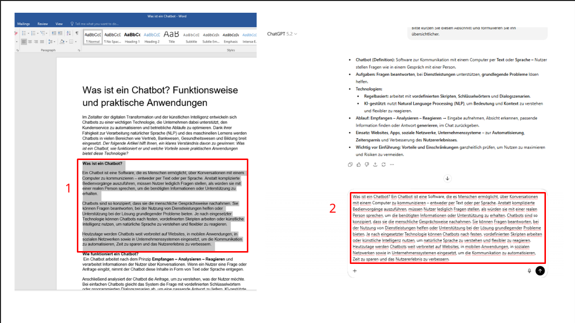 Den Inhalt aus der Word-Datei kopieren und in ChatGPT einfügen, um die PDF zusammenzufassen