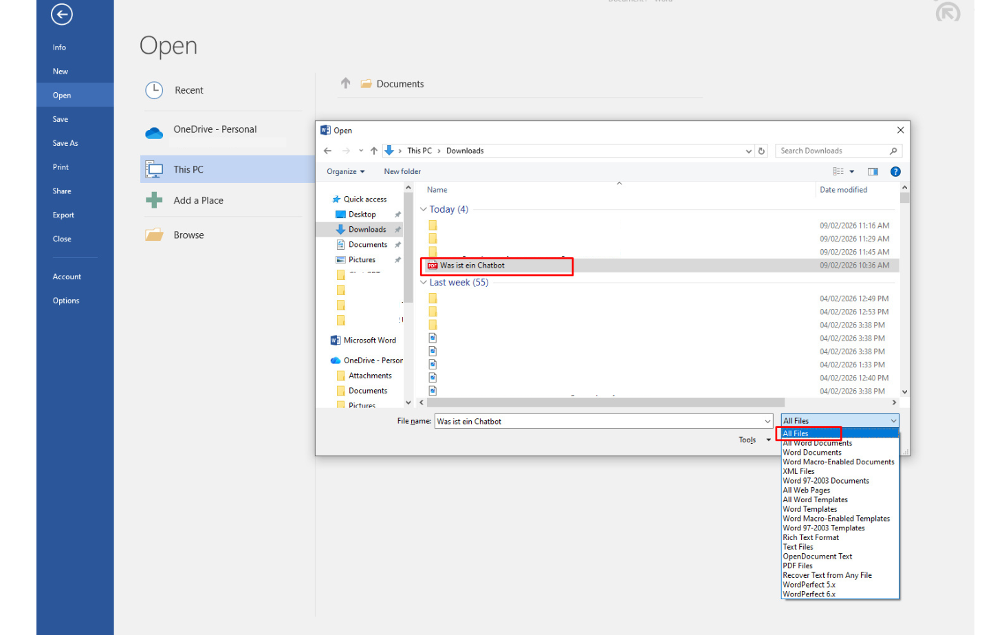 In Word „Alle Dateien“ auswählen, um die gewünschte PDF-Datei anzuzeigen und zu öffnen