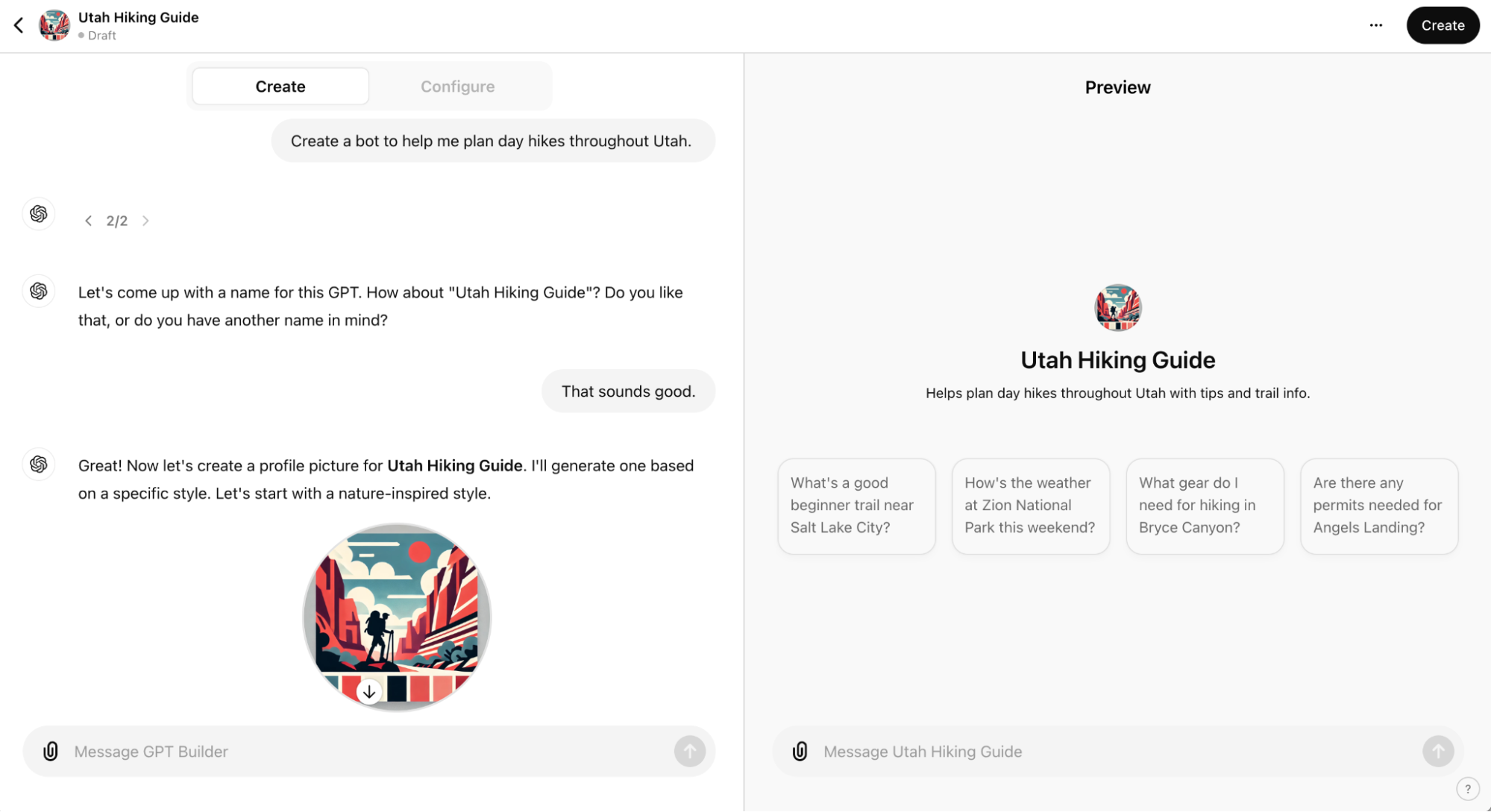 Schritt 3: Die erste Anweisung verfassen, damit der Builder das „Grundgerüst“ des GPT erstellt