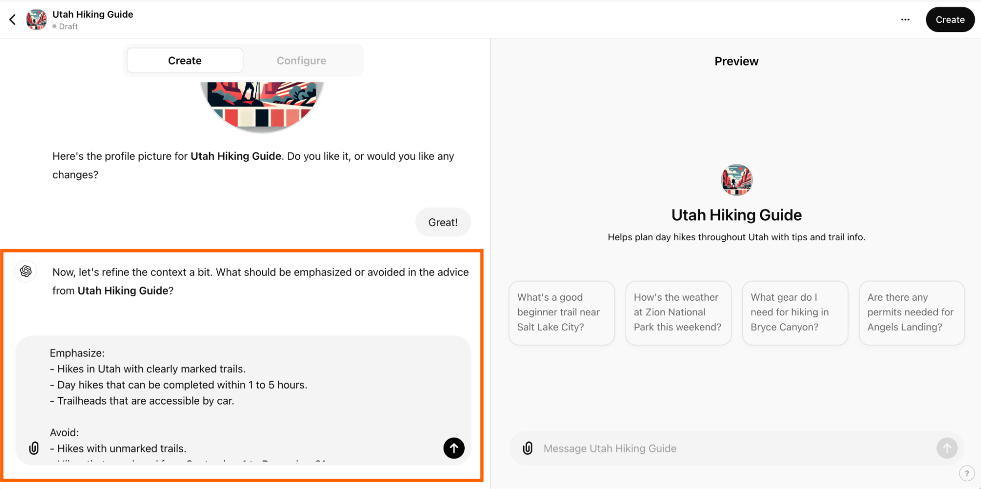 Schritt 4: Das Verhalten durch Beantwortung der Builder-Fragen verfeinern