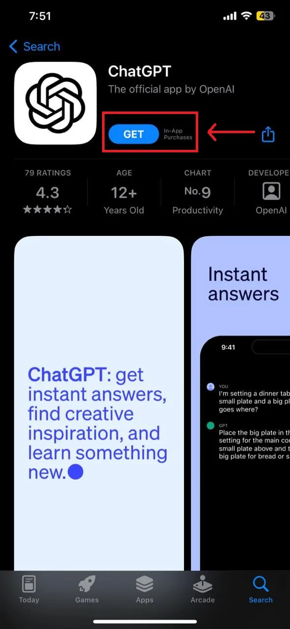 tippen sie auf „get“ um chatgpt herunterzuladen und zu installieren
