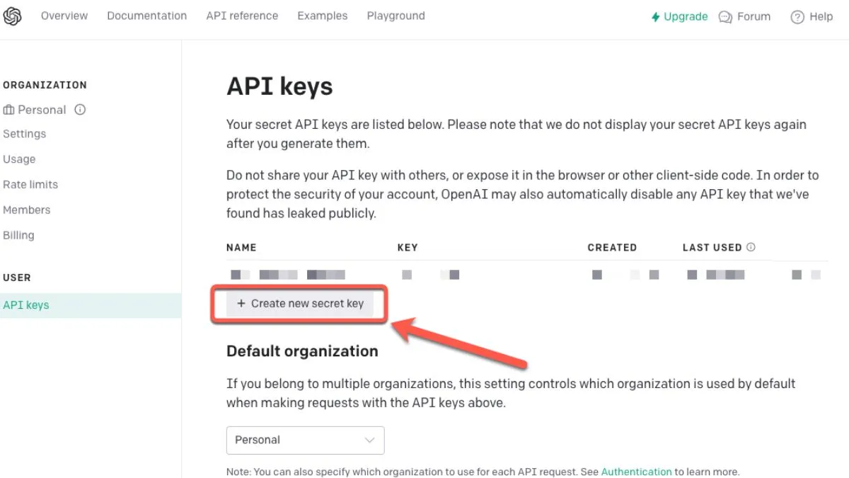 „Create new secret key“ auswählen sowie kopieren und sicher speichern